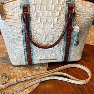 Brahmin Cream Croc-Embossed Satchel with Brown Trim and Blue Accents